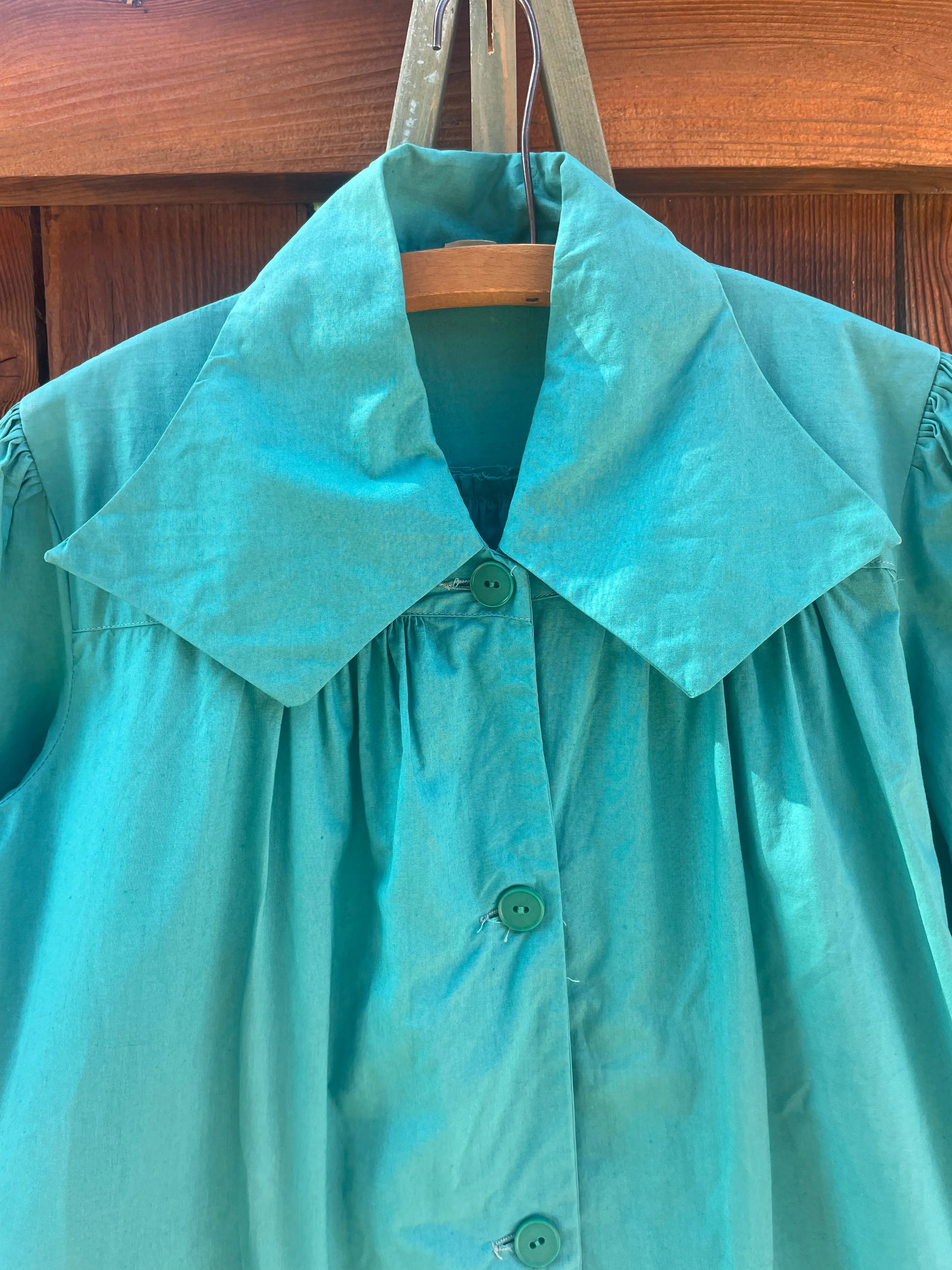 1930s Puff Sleeve Exaggerated Collar Jade Green Cotton Smock