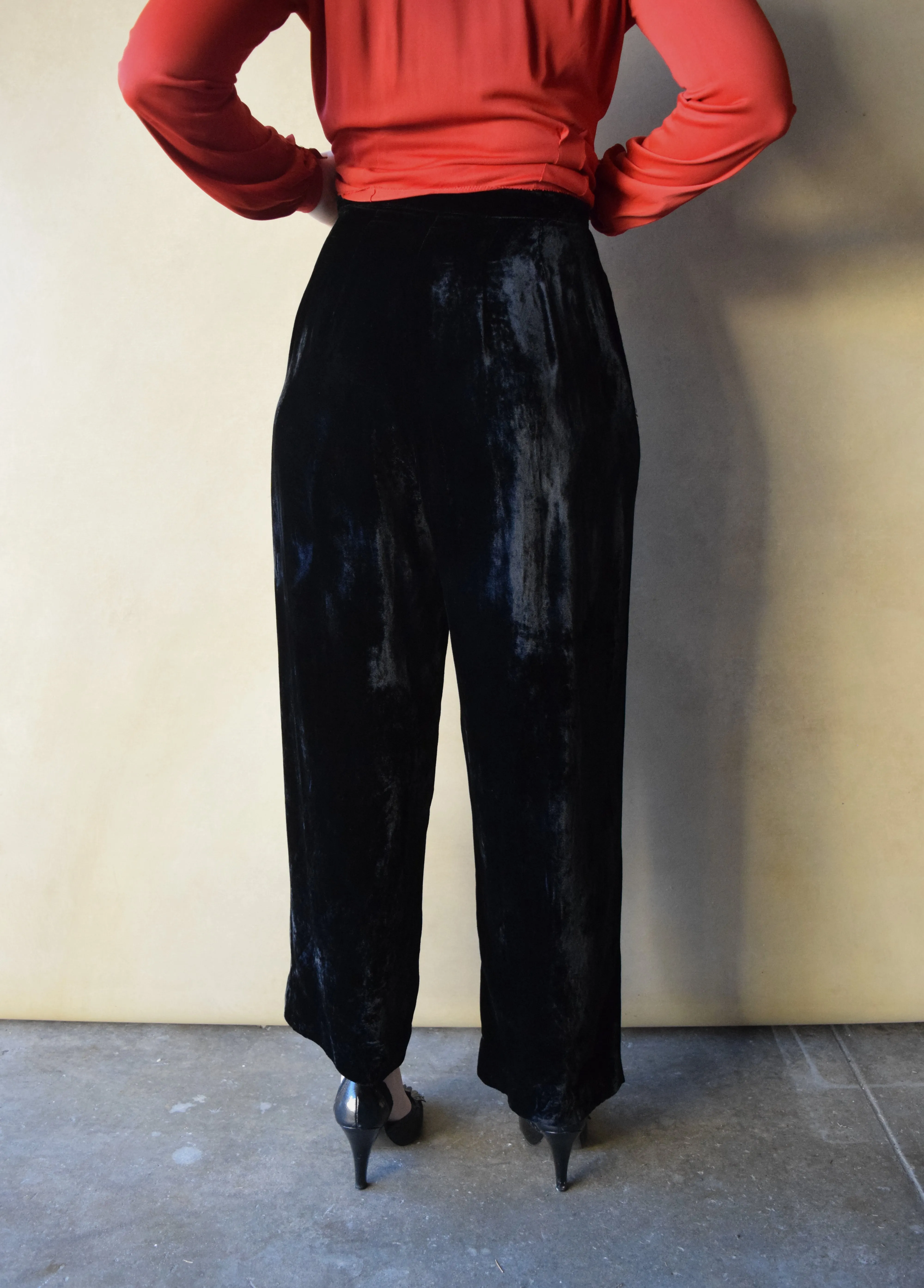 1940s black velvet pants . vintage high waist pants . 26 waist