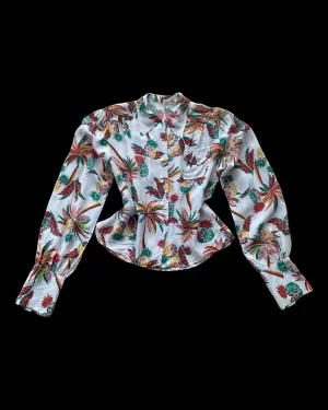 1940s Cold Rayon Loop Collar Palm Tree & Pineapple Print Bishop Sleeve Hawaiiana Blose