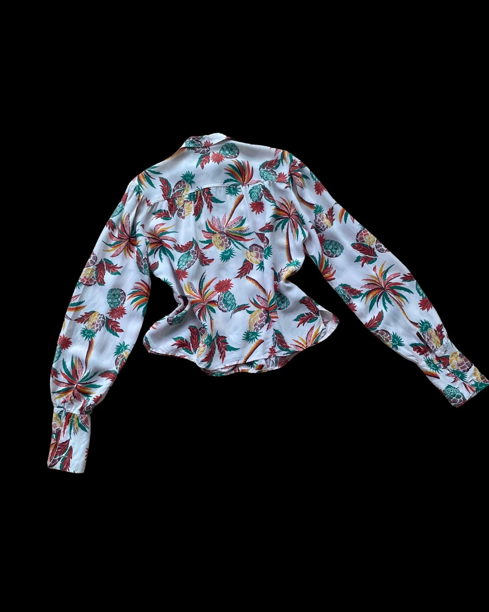 1940s Cold Rayon Loop Collar Palm Tree & Pineapple Print Bishop Sleeve Hawaiiana Blose
