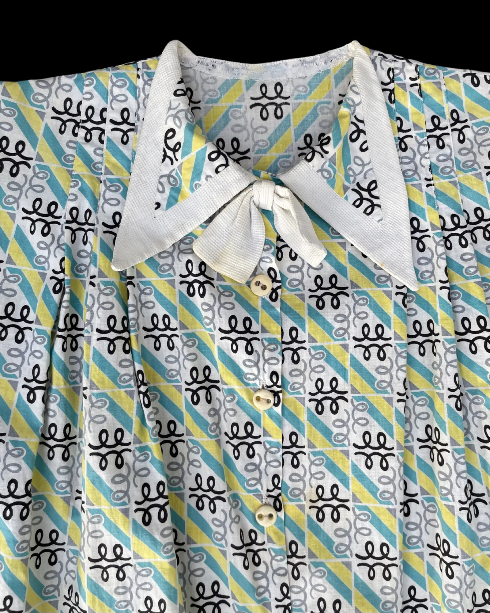 1940S Deco Cotton Dagger Collar Smock Bone Buttons