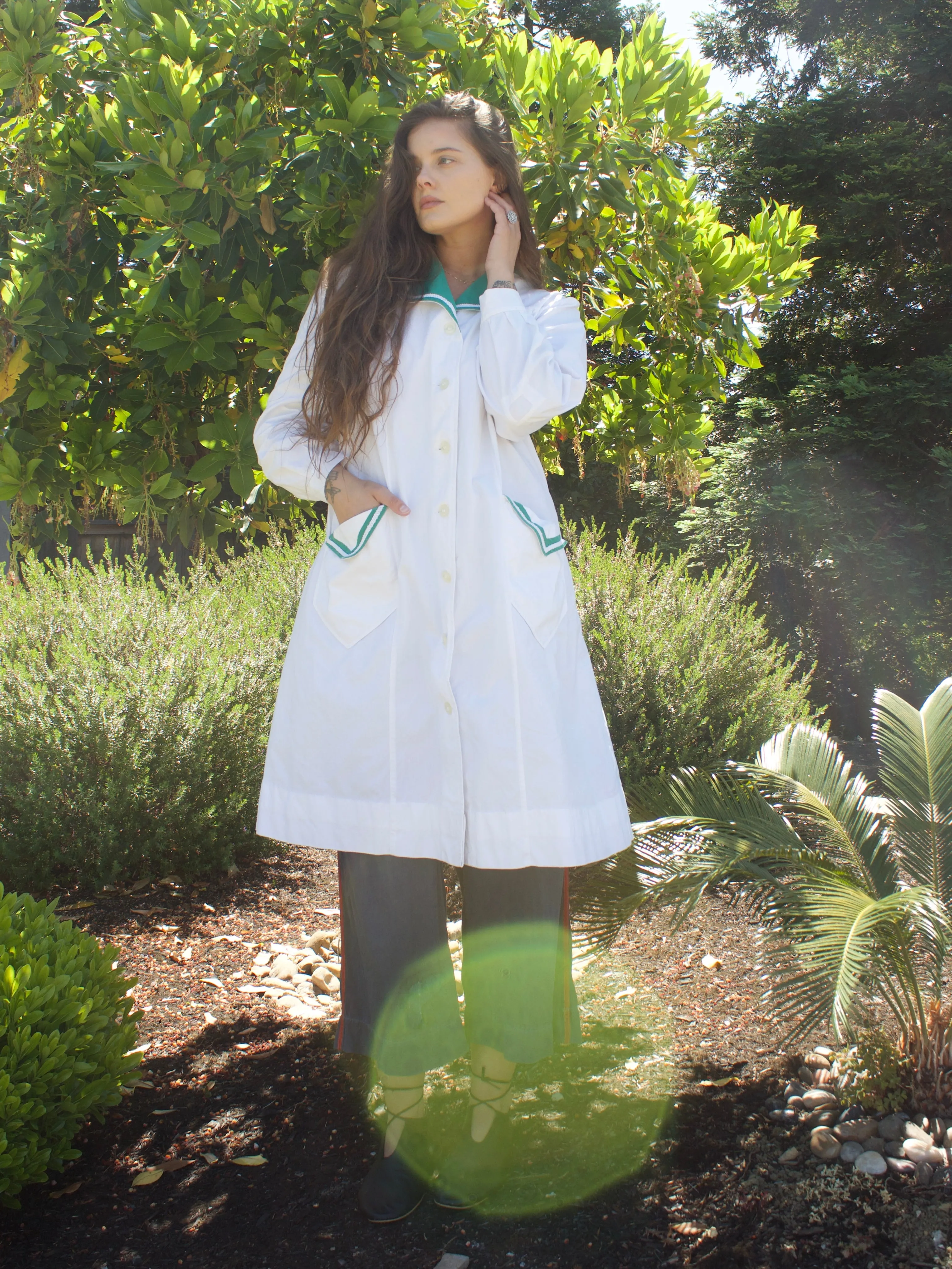 1940s Ivory & Green Accent Cotton Smock Blouse