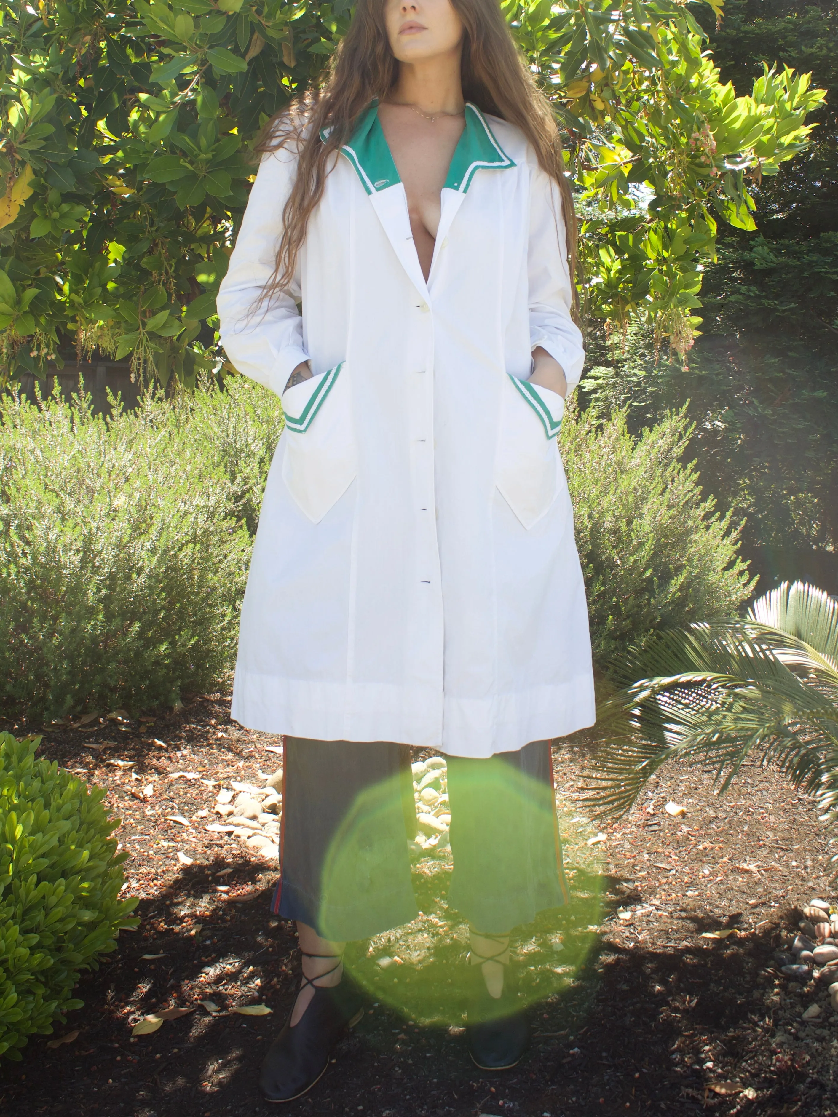 1940s Ivory & Green Accent Cotton Smock Blouse