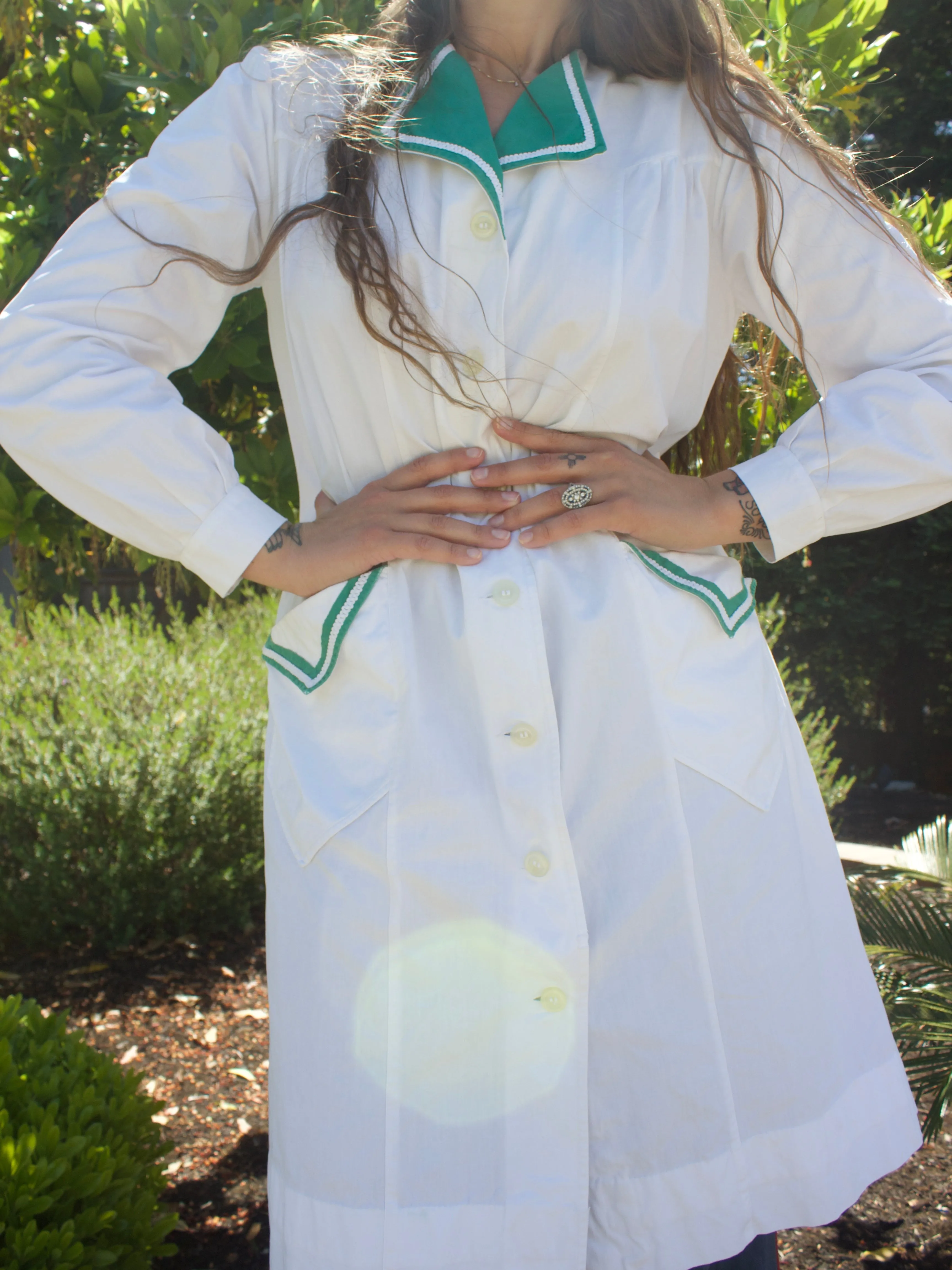 1940s Ivory & Green Accent Cotton Smock Blouse