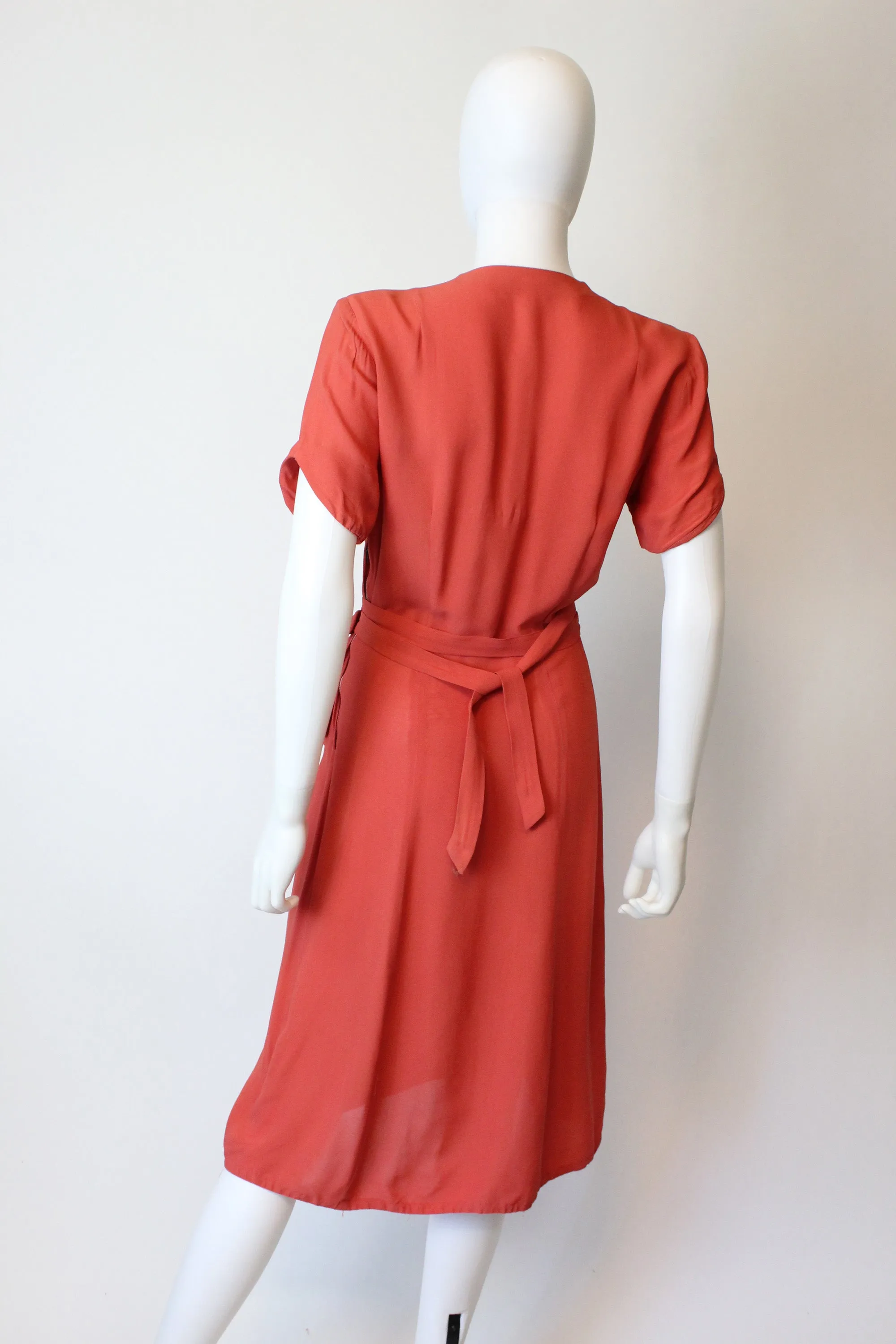 1940s TASSEL coral rayon dress small | new fall