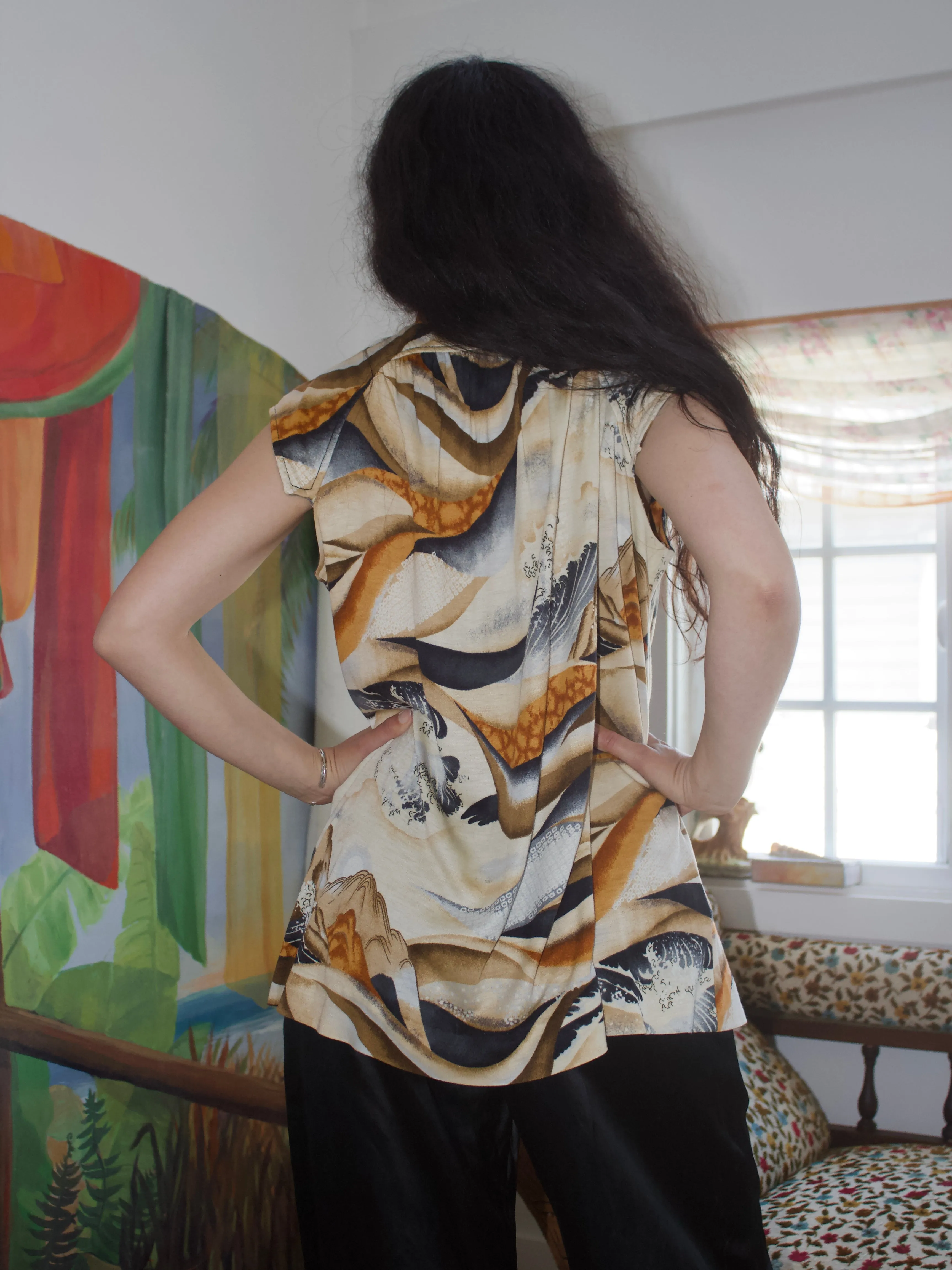 1960s Japanese Print Knit Jersey Mandarin Collar Tunic Blouse