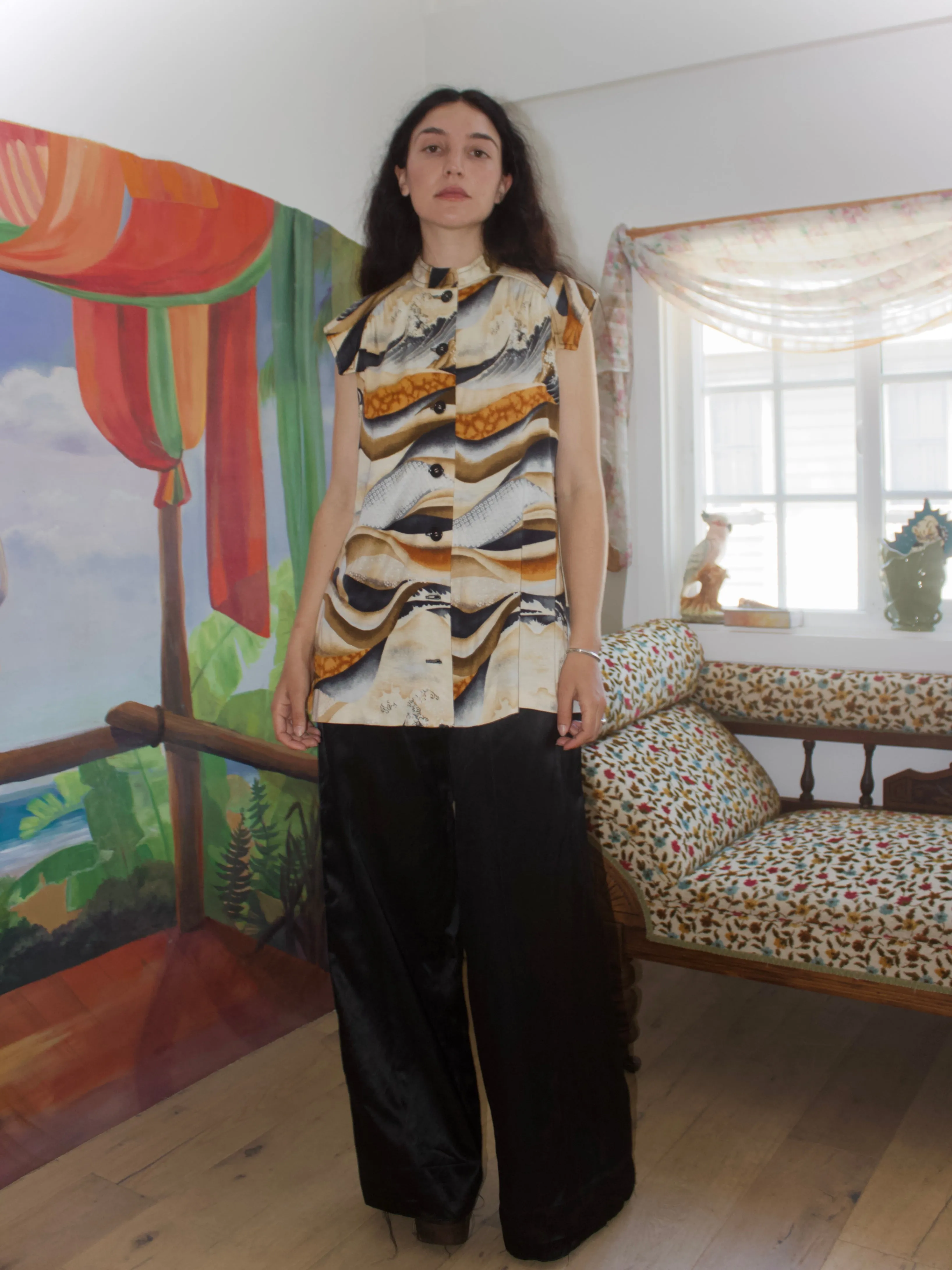 1960s Japanese Print Knit Jersey Mandarin Collar Tunic Blouse