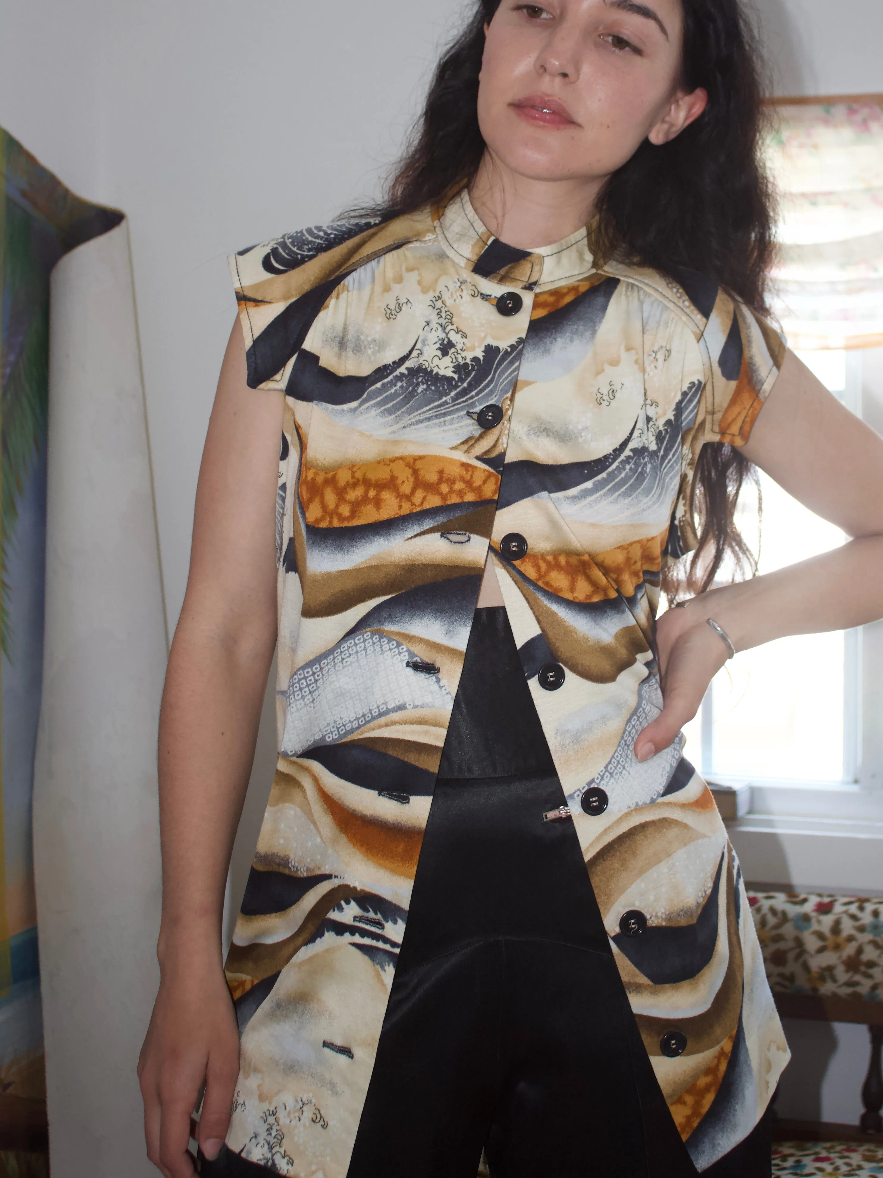 1960s Japanese Print Knit Jersey Mandarin Collar Tunic Blouse