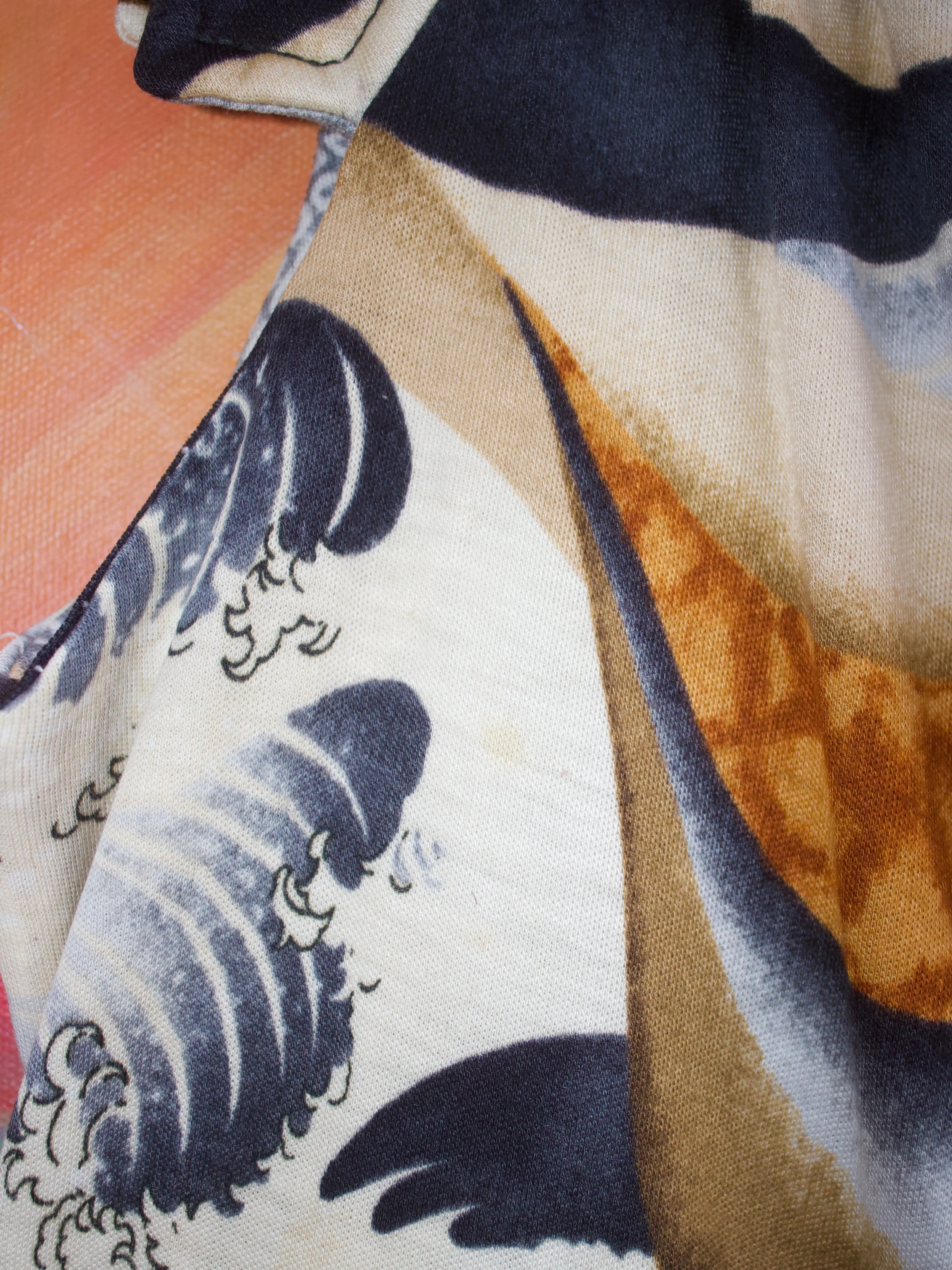 1960s Japanese Print Knit Jersey Mandarin Collar Tunic Blouse