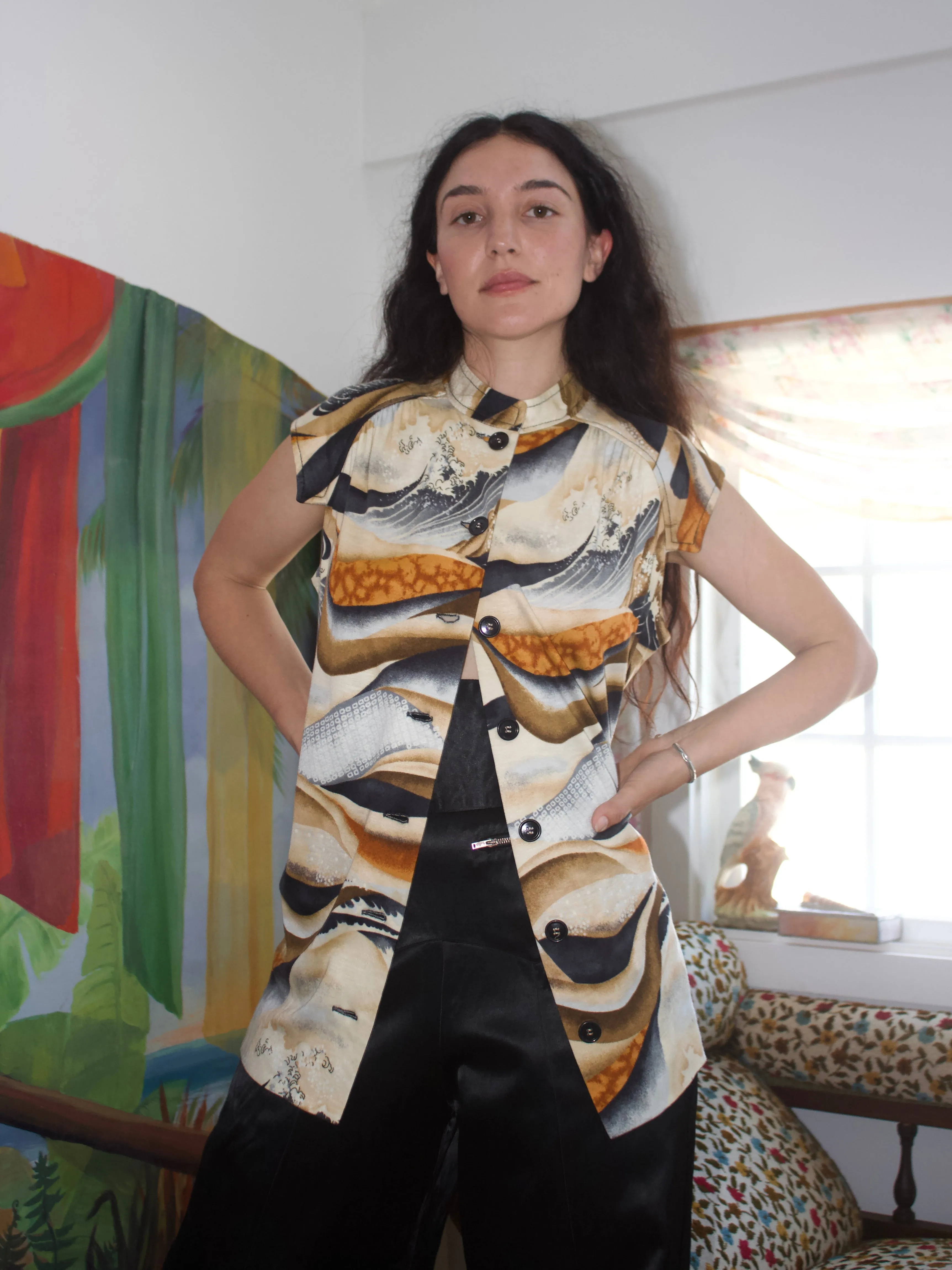 1960s Japanese Print Knit Jersey Mandarin Collar Tunic Blouse