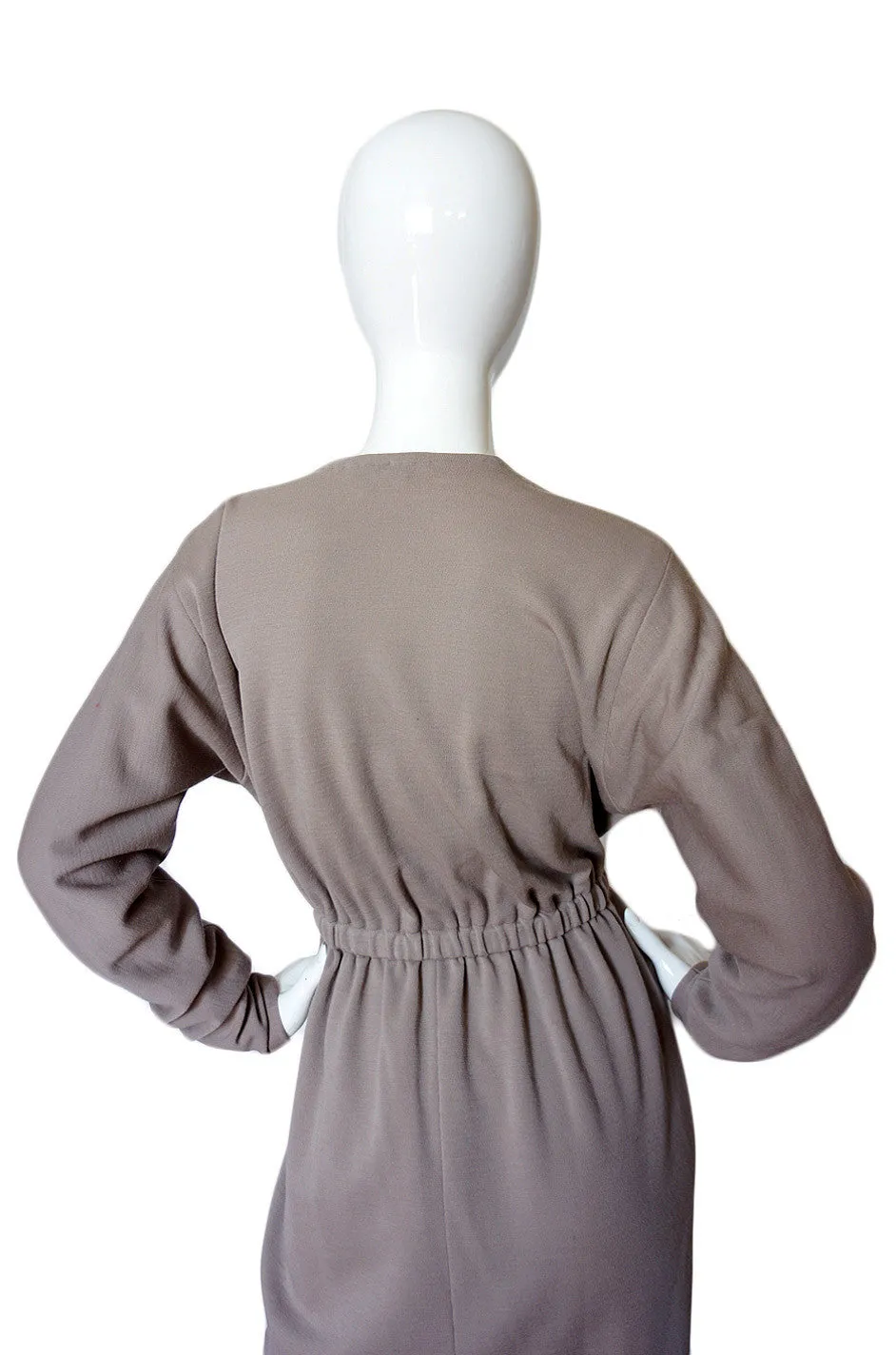 1970s Taupe Grey Plunge Halston Dress