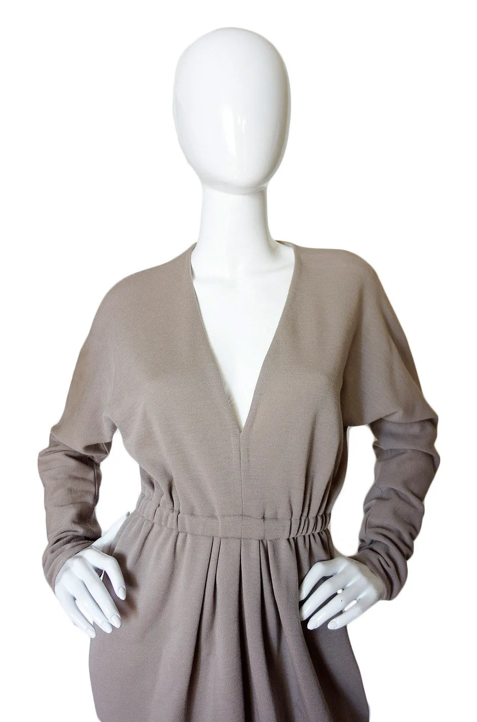 1970s Taupe Grey Plunge Halston Dress
