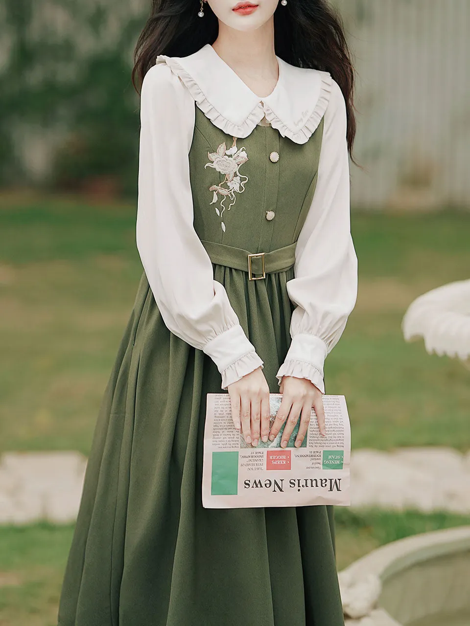 2PS Peter Pan Collar Vintage Fall Shirt Set Dress