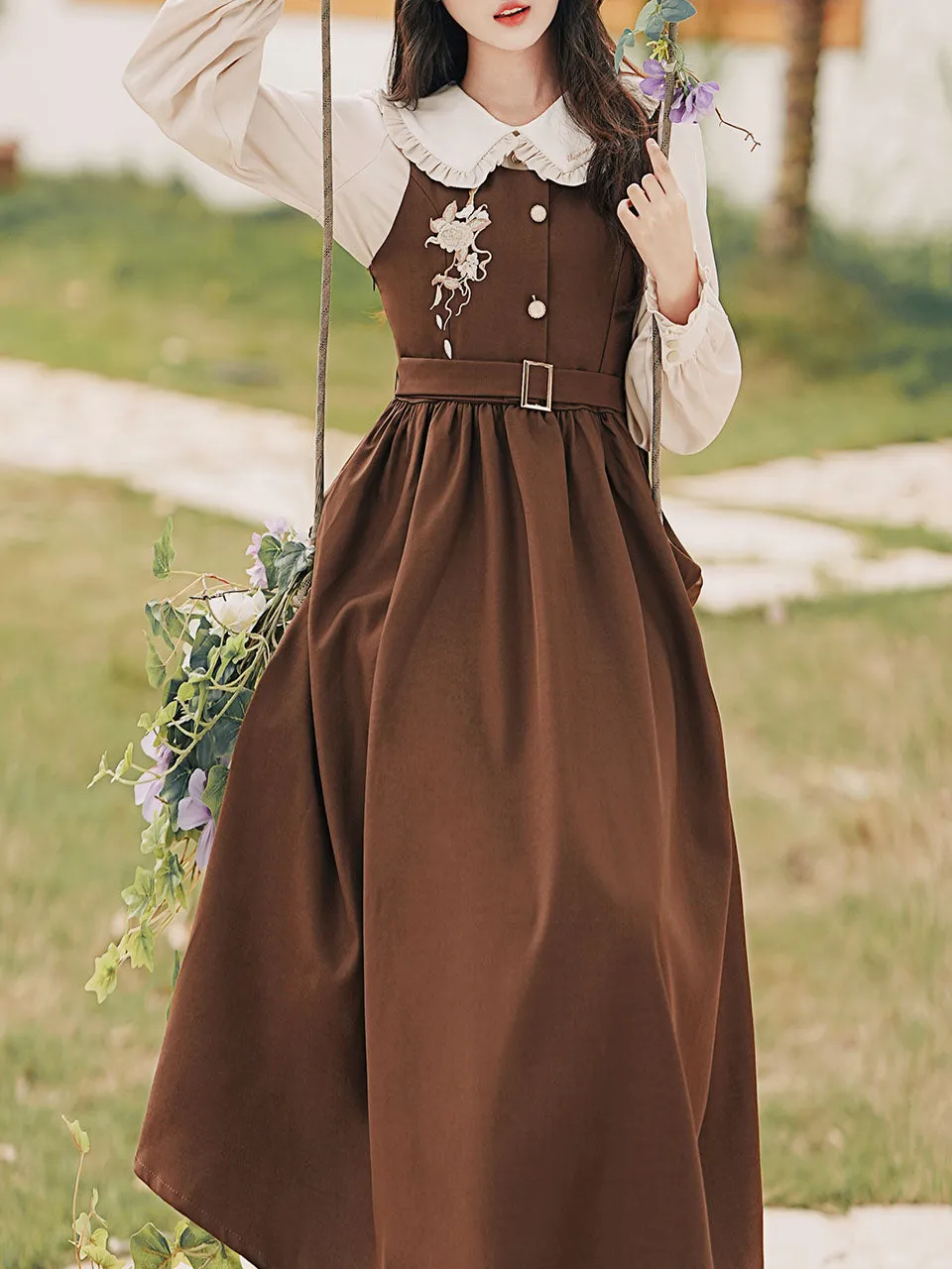 2PS Peter Pan Collar Vintage Fall Shirt Set Dress