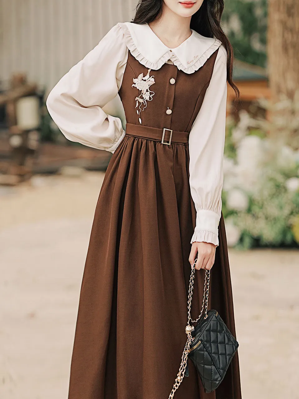 2PS Peter Pan Collar Vintage Fall Shirt Set Dress