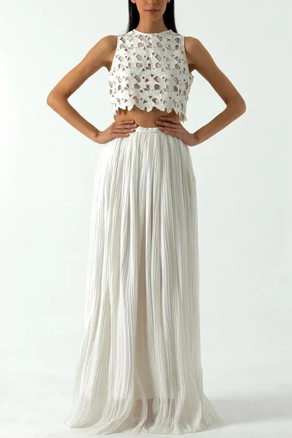 A White Summer Dream Chiffon Pleated High Rise Elastic Waist Maxi Skirt