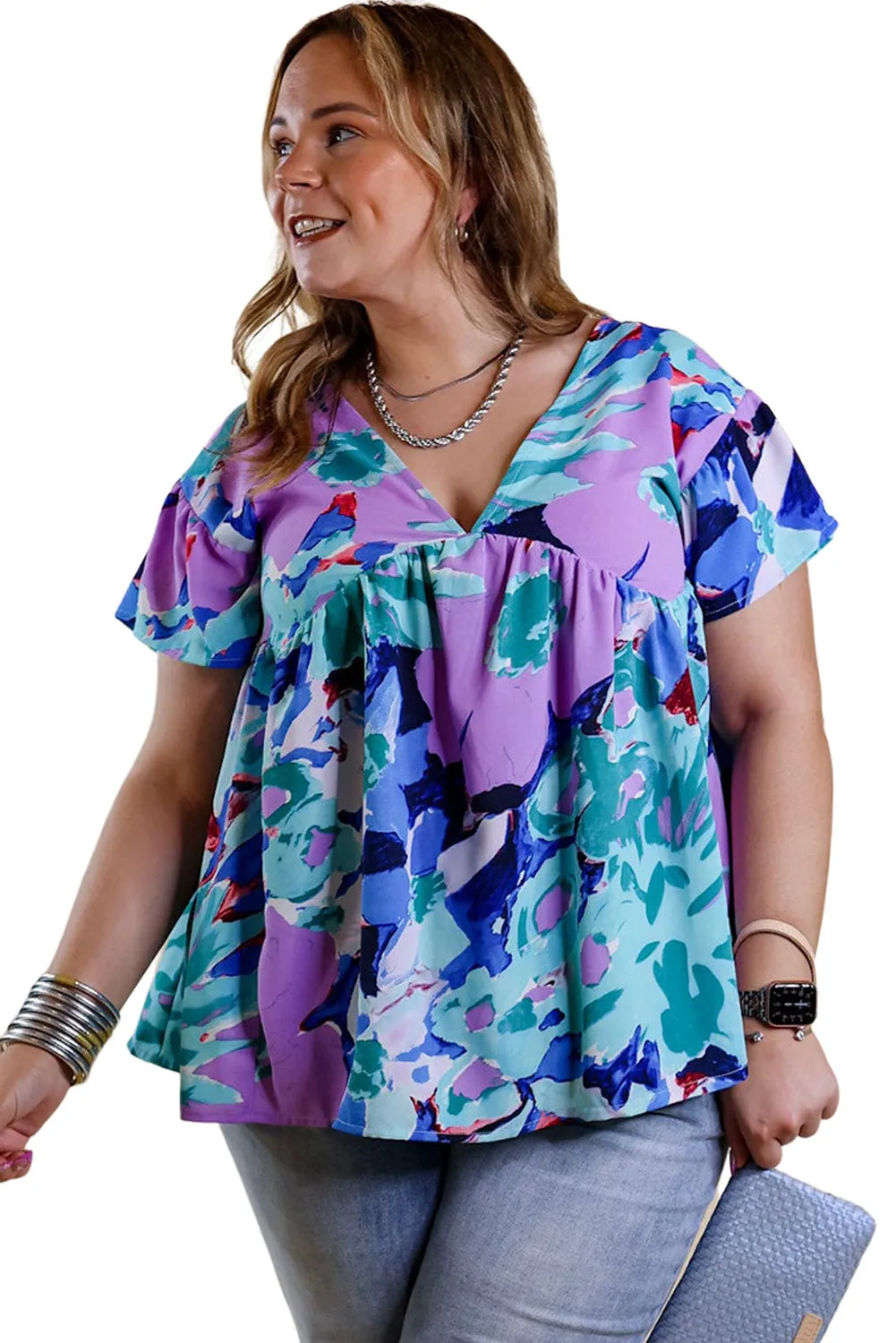 Abstract Print V Neck Flutter Sleeve Blouse