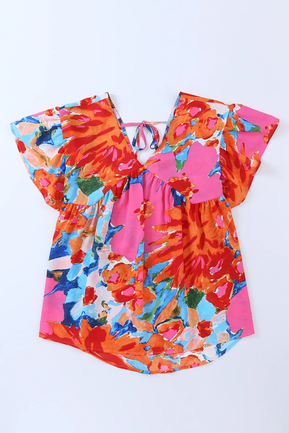 Abstract Print V Neck Flutter Sleeve Blouse
