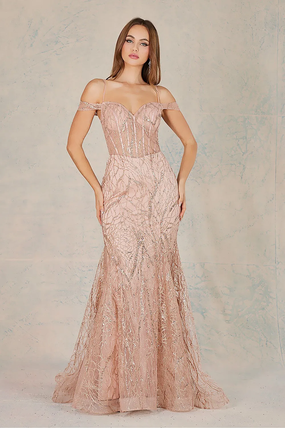 AD 3075 - Fit & Flare Off The Shoulder Prom Gown With Lace Up Corset Back & Glitter Detailing