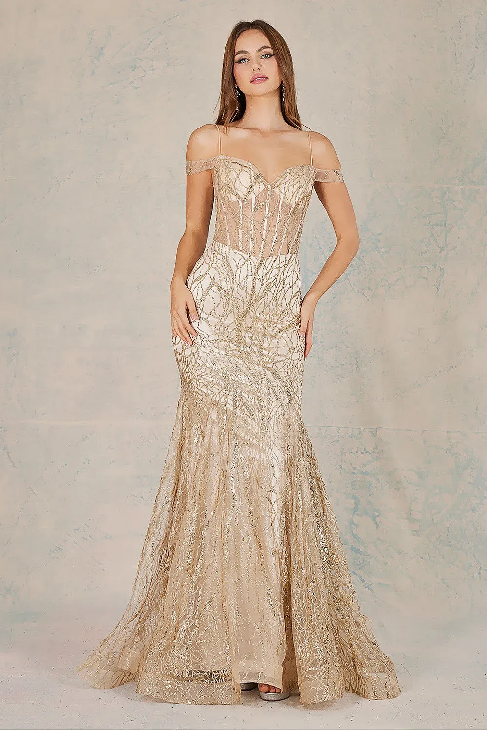 AD 3075 - Fit & Flare Off The Shoulder Prom Gown With Lace Up Corset Back & Glitter Detailing