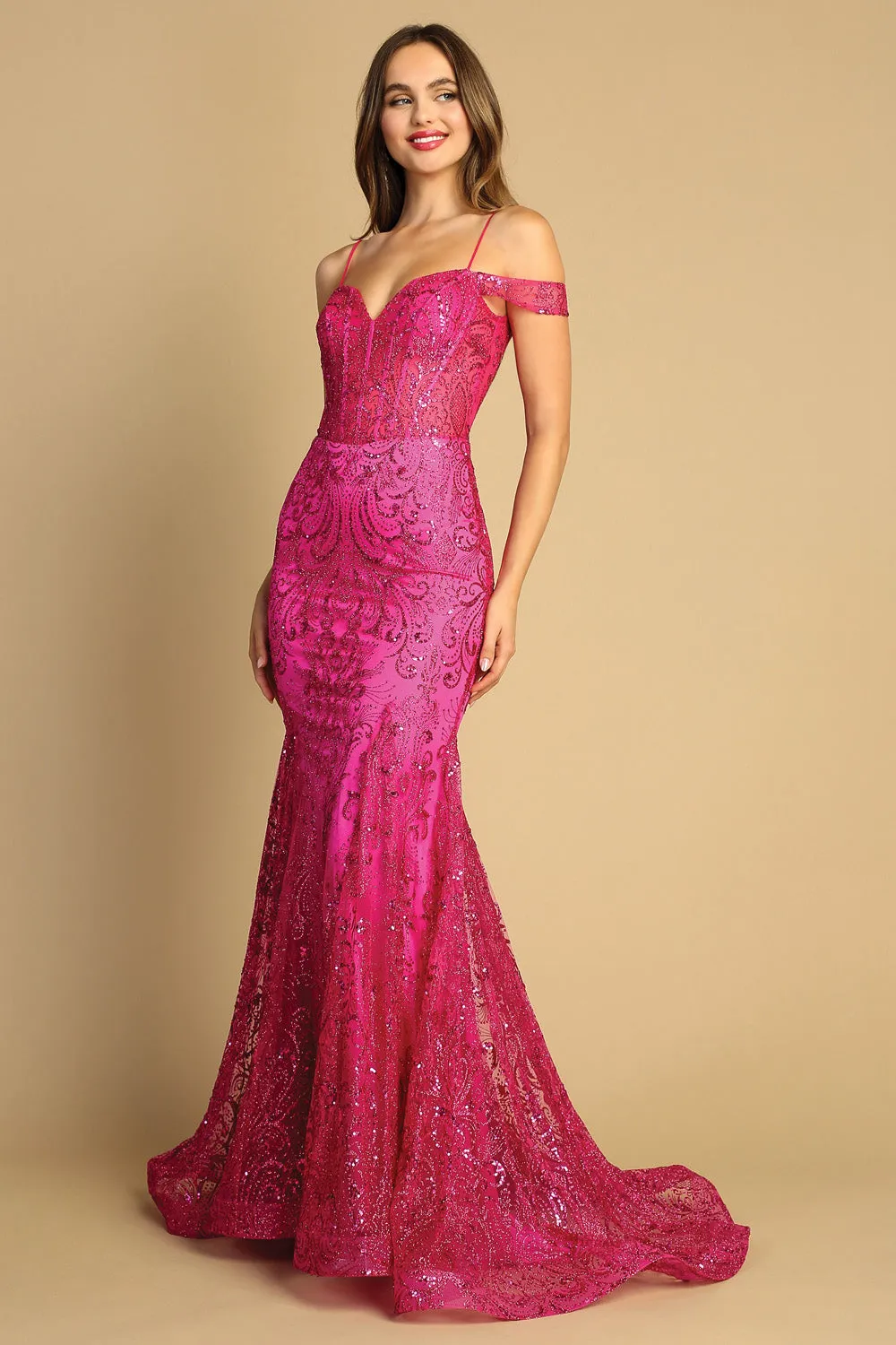 AD 3076 - Off The Shoulder Prom Gown With Glitter Detailing & Sheer Boned Bodice