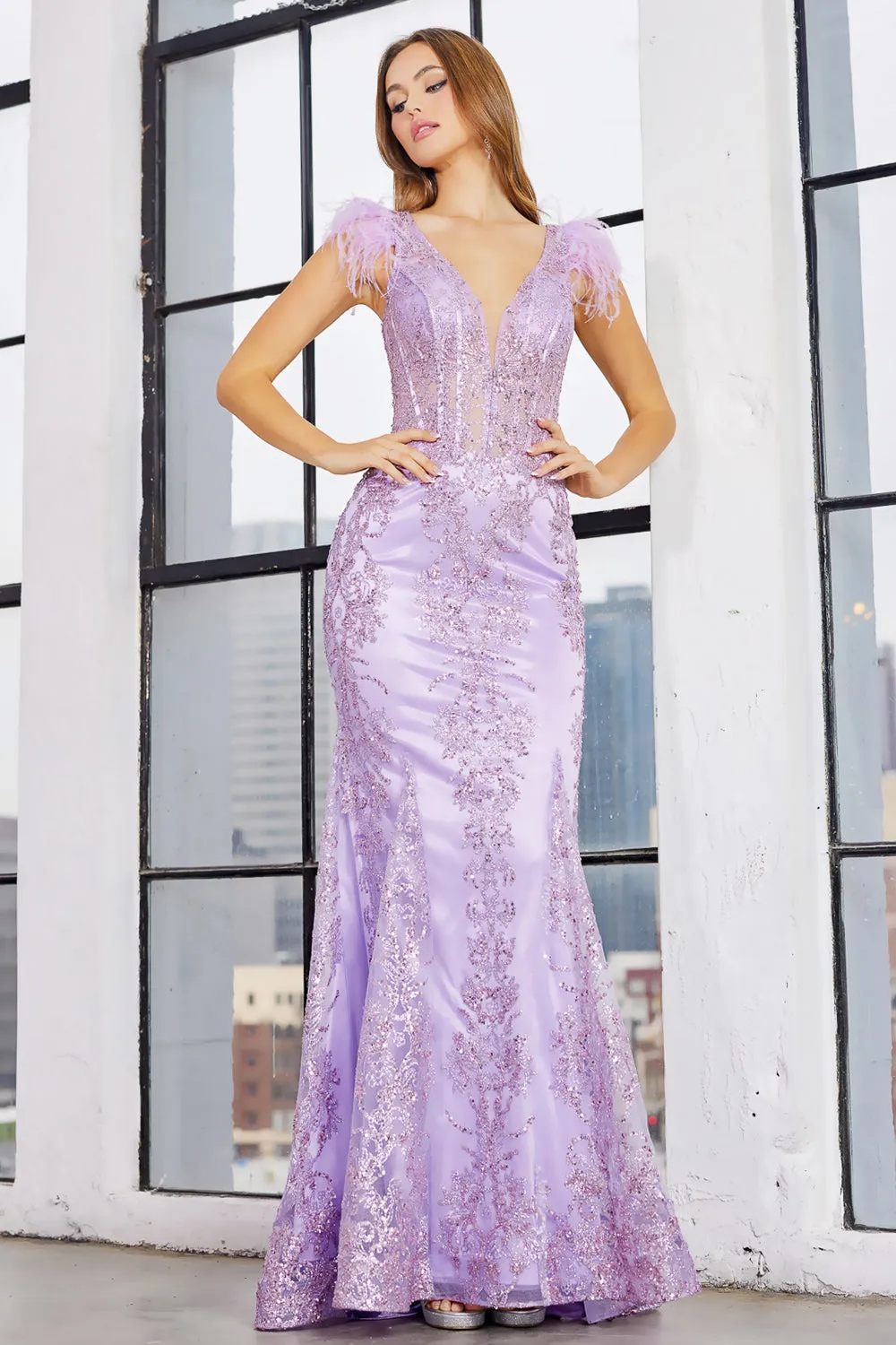 AD 3148 - Glitter Print Fit & Flare Prom Gown With V-Neck Sheer Boned Bodice & Feathered Accented Straps