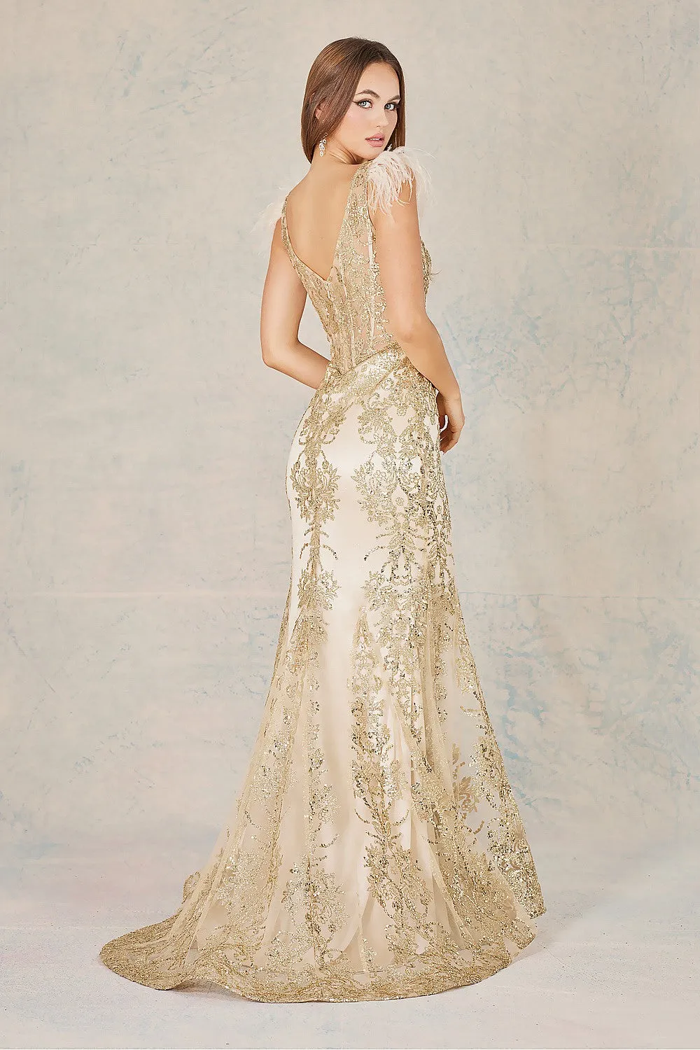AD 3148 - Glitter Print Fit & Flare Prom Gown With V-Neck Sheer Boned Bodice & Feathered Accented Straps