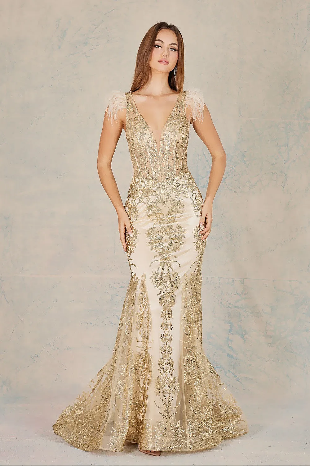 AD 3148 - Glitter Print Fit & Flare Prom Gown With V-Neck Sheer Boned Bodice & Feathered Accented Straps