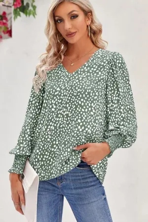 Adela Printed V-Neck Smocked Lantern Sleeve Blouse