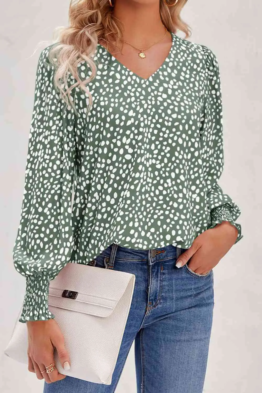 Adela Printed V-Neck Smocked Lantern Sleeve Blouse