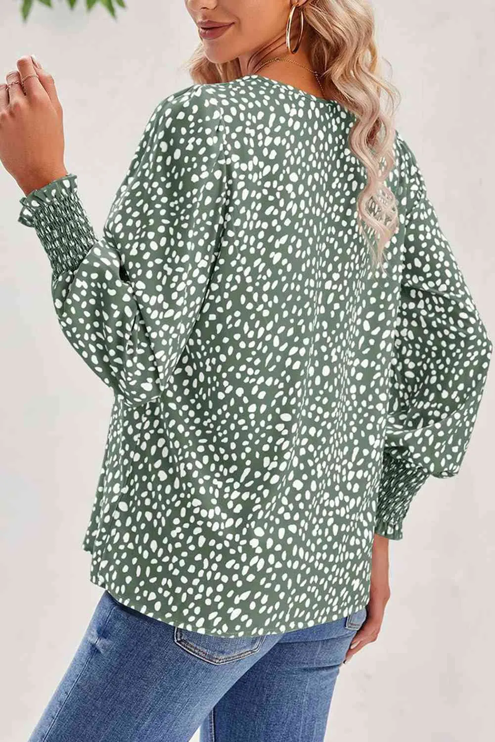 Adela Printed V-Neck Smocked Lantern Sleeve Blouse
