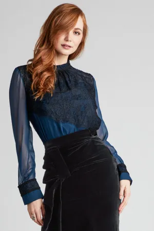 Aegean Sea Silk Chiffon Blouse with Black Braid Trim and Delicate Lace Detail