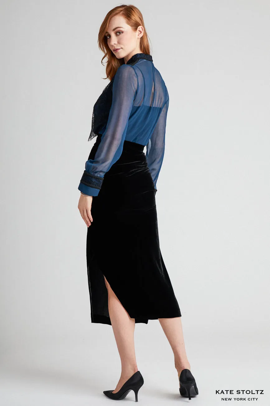 Aegean Sea Silk Chiffon Blouse with Black Braid Trim and Delicate Lace Detail