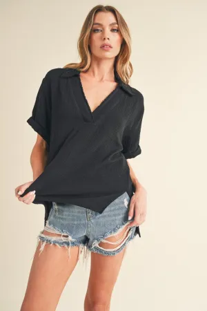 Aemi   Co Side Slit Johnny Collar Short Sleeve Cotton Gauze Blouse