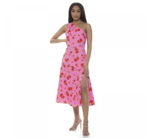 Alexia Admor Womens Fay One-Shoulder Midi Fit & Flare Dress D4025 Pink Floral 14