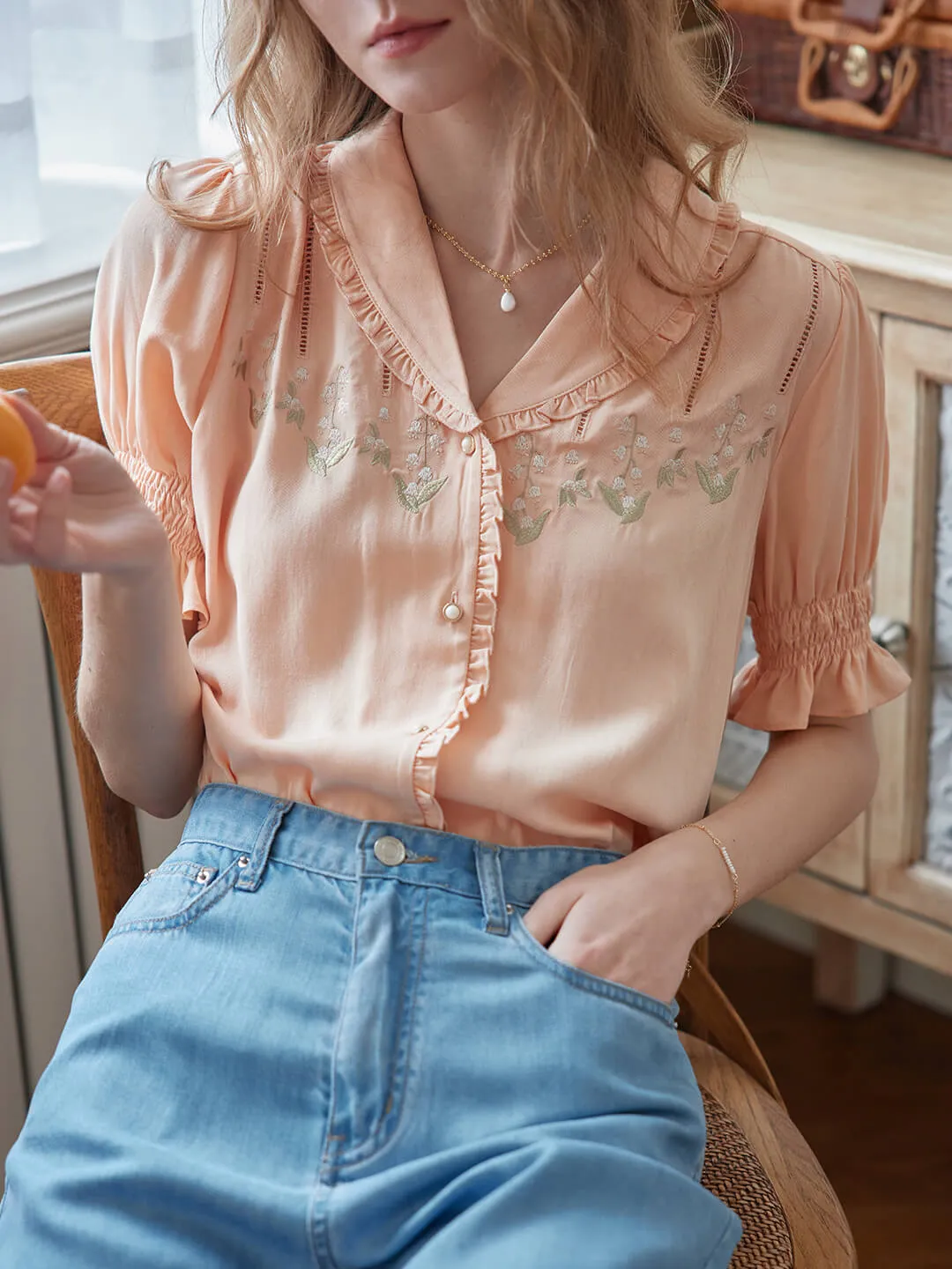 Alicia Floral Embroidery V-Neck Blouse
