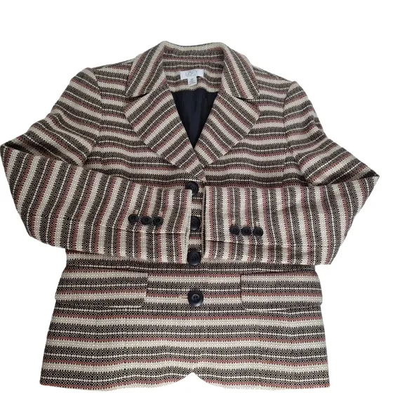 Ann Taylor Loft 10 Petite  Striped Lined Textured 100%‎ Cotton Blazer Skirt Set