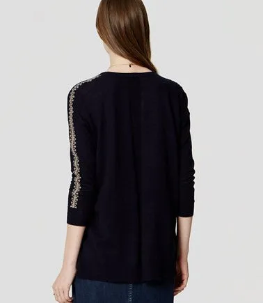 Ann Taylor LOFT Navy V-Neck Peasant Embroidered Blouse Knit Top Size Small