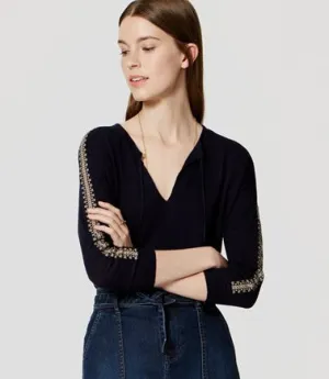 Ann Taylor LOFT Navy V-Neck Peasant Embroidered Blouse Knit Top Size Small