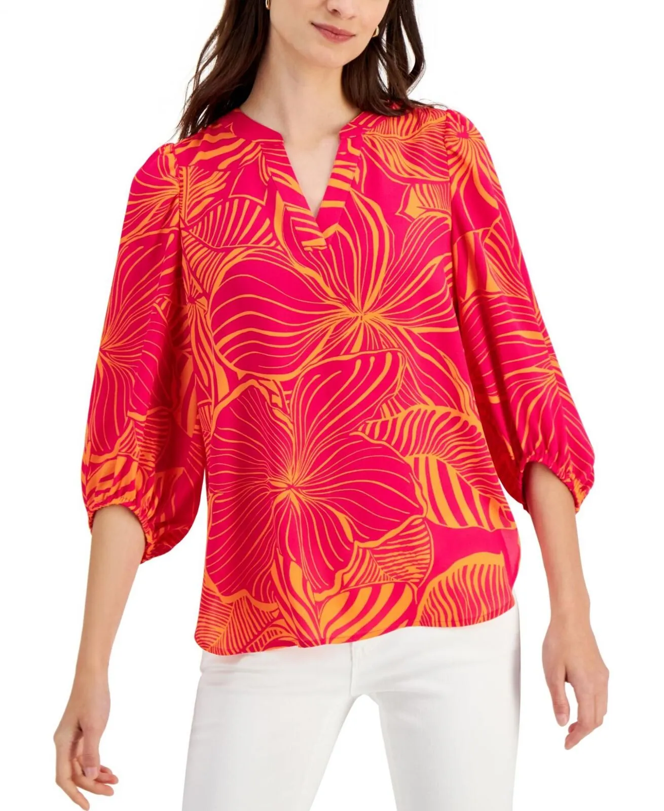 Anne Klein Womens Floral-Print V-Neck Tunic Blouse 10840497
