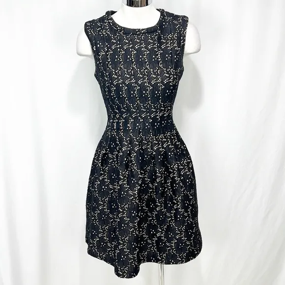 ANTHROPOLOGIE’S Meadow Rue Black Lace Overlay Nude Fit &amp; Flare Dress size Medium