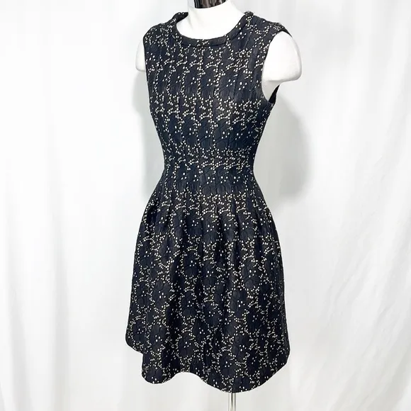 ANTHROPOLOGIE’S Meadow Rue Black Lace Overlay Nude Fit &amp; Flare Dress size Medium