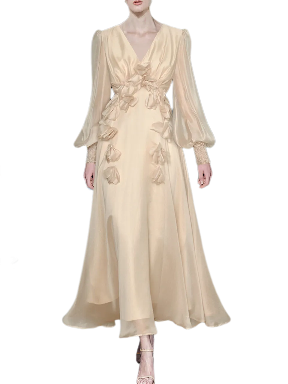 Apricot V-neck Lantern Sleeve Flower Maxi Party Dress