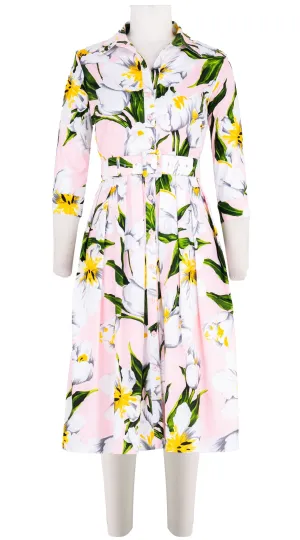Audrey Dress #1 Shirt Collar 3/4 Sleeve Long Length Cotton Stretch (Emperor Tulip Pastel)