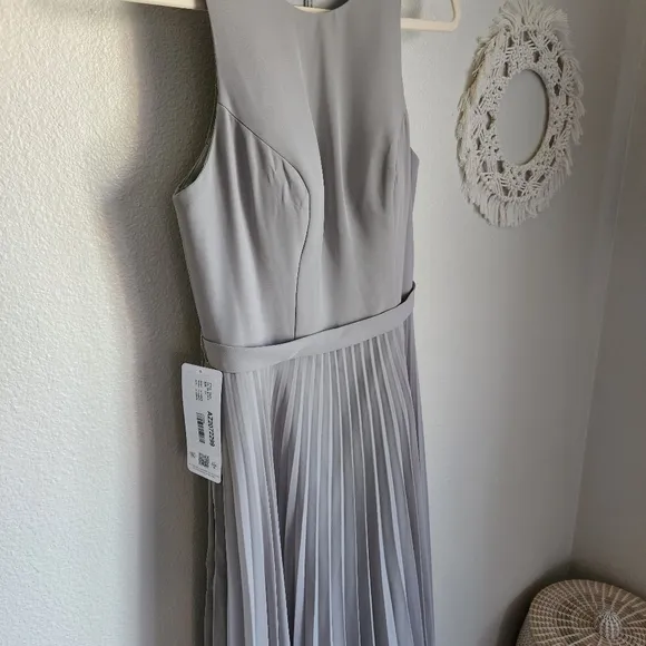 Azazie Lindie Pleated Maxi Gown In Silver Size 4 NWT
