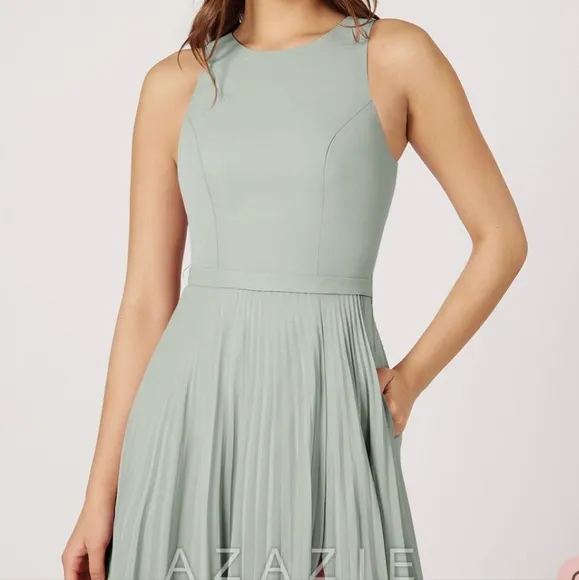 Azazie Lindie Pleated Maxi Gown In Silver Size 4 NWT
