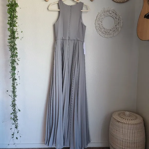 Azazie Lindie Pleated Maxi Gown In Silver Size 4 NWT