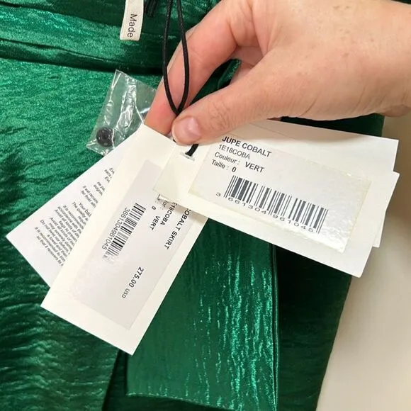 BA&amp;SH - NWT Women’s Mini Skirt, &quot;Jupe Cobalt&quot; Satin Wrap - Green Extra Small / 0