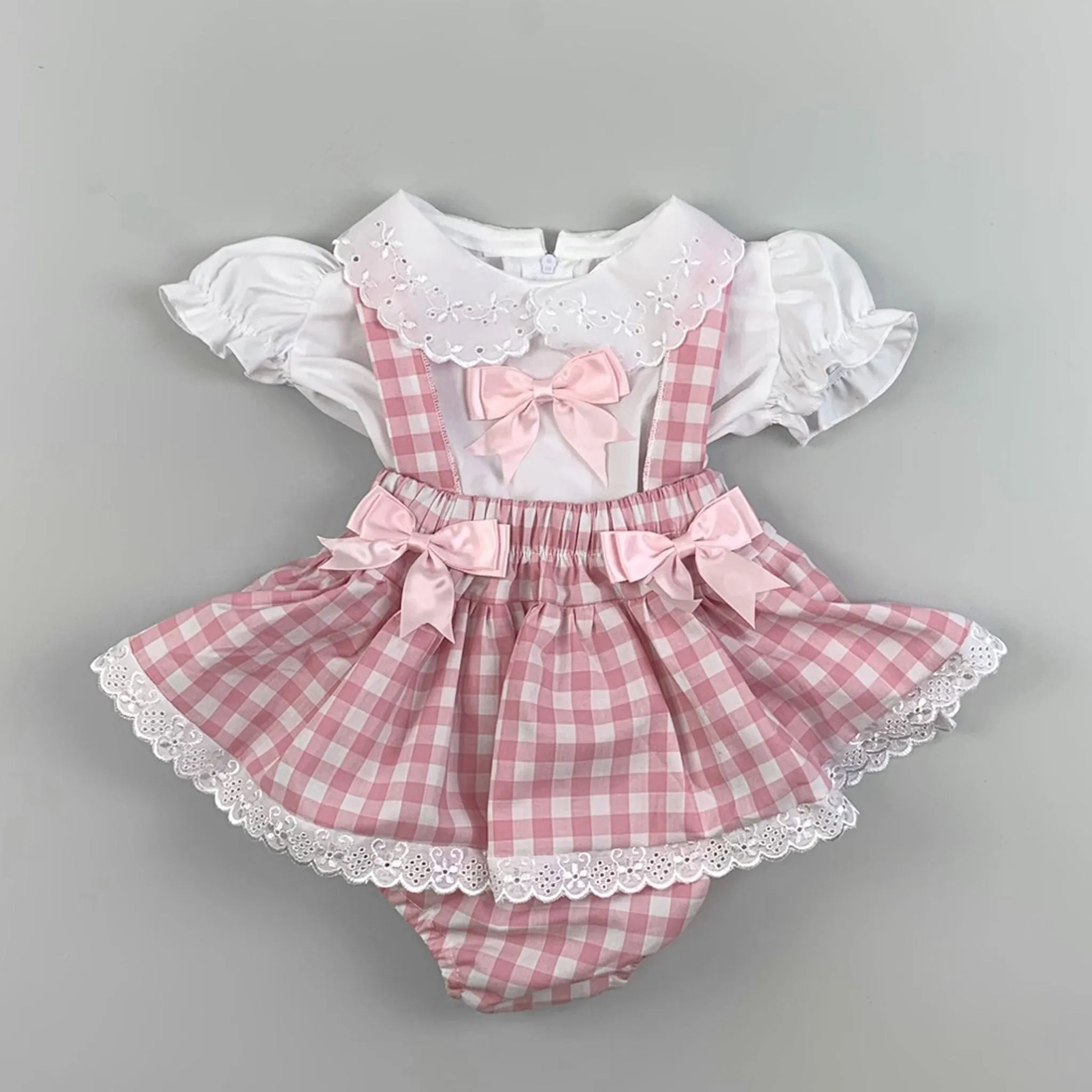 Baby Girls Summer Set - Frilly Pants with Braces and Shirt - Pink Gingham