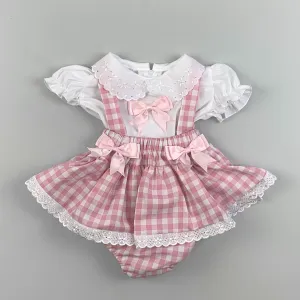 Baby Girls Summer Set - Frilly Pants with Braces and Shirt - Pink Gingham